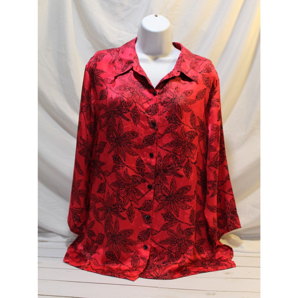 Chico's Design Women's 3 US XL 100% Silk Red Black Floral Button-up Collared Top - Picture 1 of 13